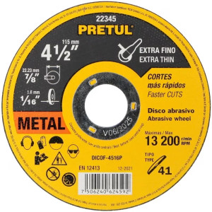 Discos Corte Metal 4 1/2" x1.6mm T41 OxidoAlumino, DICOF-4516P Pretul 22345