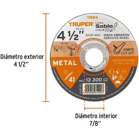 Discos Corte Metal 4 1/2" x1.2mm T41 Oxido de Aluminio, DICOF-4512 11584 Truper