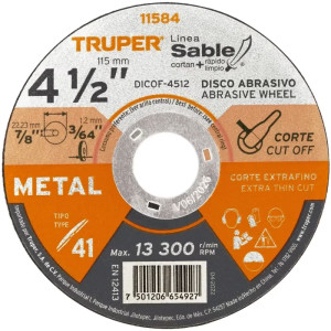 Discos Corte Metal 4 1/2" x1.2mm T41 Oxido de Aluminio, DICOF-4512 11584 Truper
