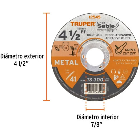 Discos Corte Metal 4 1/2" x1mm T41 Oxido de Alumino, DICOF-4510 12545 Truper