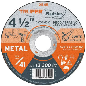 Discos Corte Metal 4 1/2" x1mm T41 Oxido de Alumino, DICOF-4510 12545 Truper