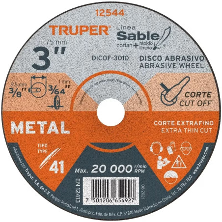 Discos de Corte Metal 3" x1mm Oaluminio D3/8 Rectificadora, Truper 12544