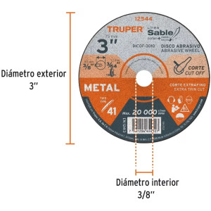 Discos de Corte Metal 3" x1mm Oaluminio D3/8 Rectificadora, Truper 12544