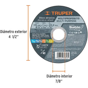Discos de Corte Metal 4-1/2" x1mm Multimaterial Oaluminio CarburoSilicio, Truper 18651