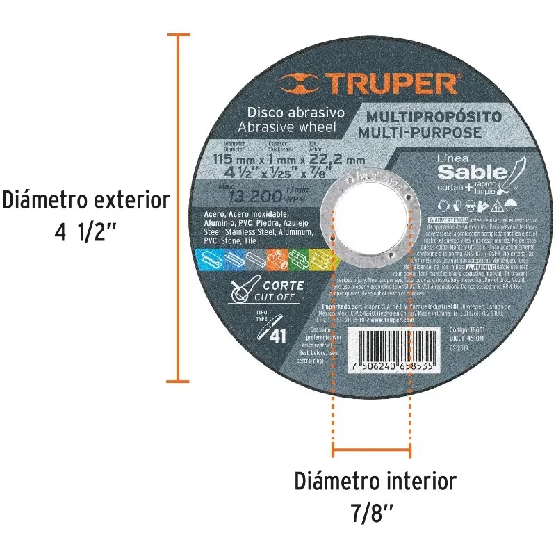 Discos de Corte Metal 4-1/2" x1mm Multimaterial Oaluminio CarburoSilicio, Truper 18651