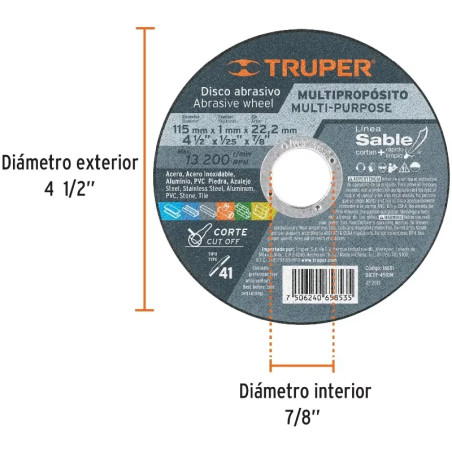Discos de Corte Metal 4-1/2" x1mm Multimaterial Oaluminio CarburoSilicio, Truper 18651