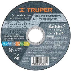 Discos de Corte Metal 4-1/2" x1mm Multimaterial Oaluminio CarburoSilicio, Truper 18651