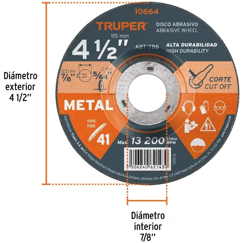 Discos Corte Metal 4 1/2" x2mm T41 Oxido de Alumino, ABT-786 10664 Truper