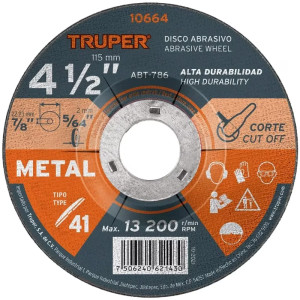 Discos Corte Metal 4 1/2" x2mm T41 Oxido de Alumino, ABT-786 10664 Truper