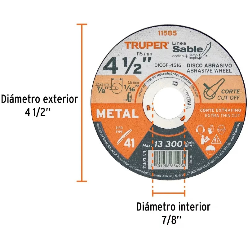Discos Corte Metal 4 1/2" x1.6mm T41 Oxido de Aluminio, DICOF-4516 11585 Truper