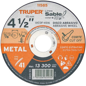 Discos Corte Metal 4 1/2" x1.6mm T41 Oxido de Aluminio, DICOF-4516 11585 Truper