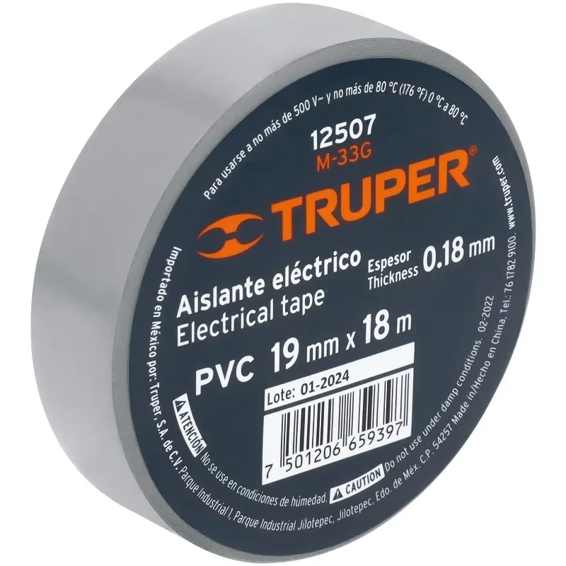 Cinta Aislantes 19mm x18m Gris acrilico E0.18mm Flexible Encogible Truper 12507