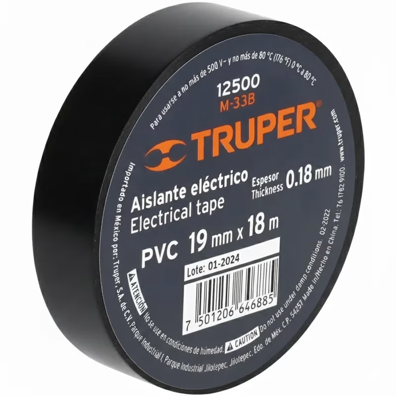 Cinta Aislantes 19mm x18m Negro acrilico E0.18mm Flexible Encogible Truper 12500