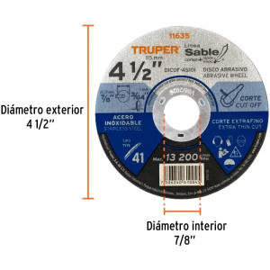 Discos Corte Metal 4 1/2" x1mm T41 Inox Oxido Aluminio, ABT-751 11635 Truper