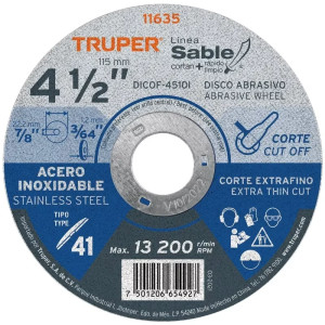 Discos Corte Metal 4 1/2" x1mm T41 Inox Oxido Aluminio, ABT-751 11635 Truper