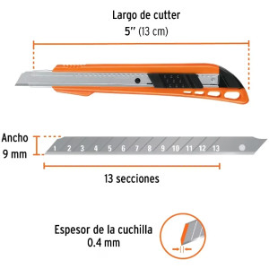 Cutter 5" 9mm Plastico con AlmaMetalica 3NavajaSK4, Truper CUT-5 16968