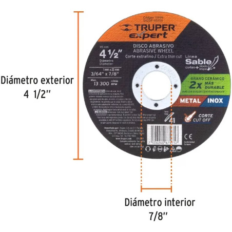 Discos de Corte Metal 4-1/2" x1mm OAluminio Inox D7/8 T41, Truper 11899
