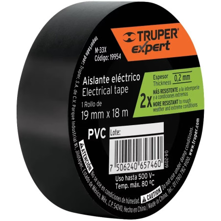 Cinta Aislantes 19mm x18m Negro Retardante Flama 500V, Truper 19954