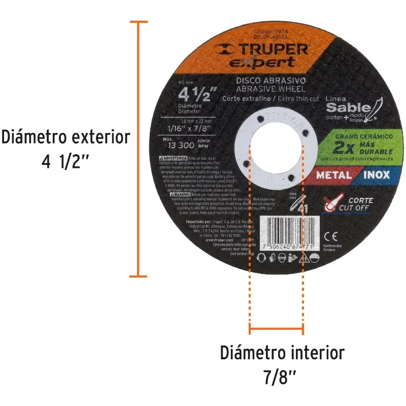 Discos de Corte Metal 4-1/2" x1.6mm OAluminio Inox D7/8 T41, Truper 11974