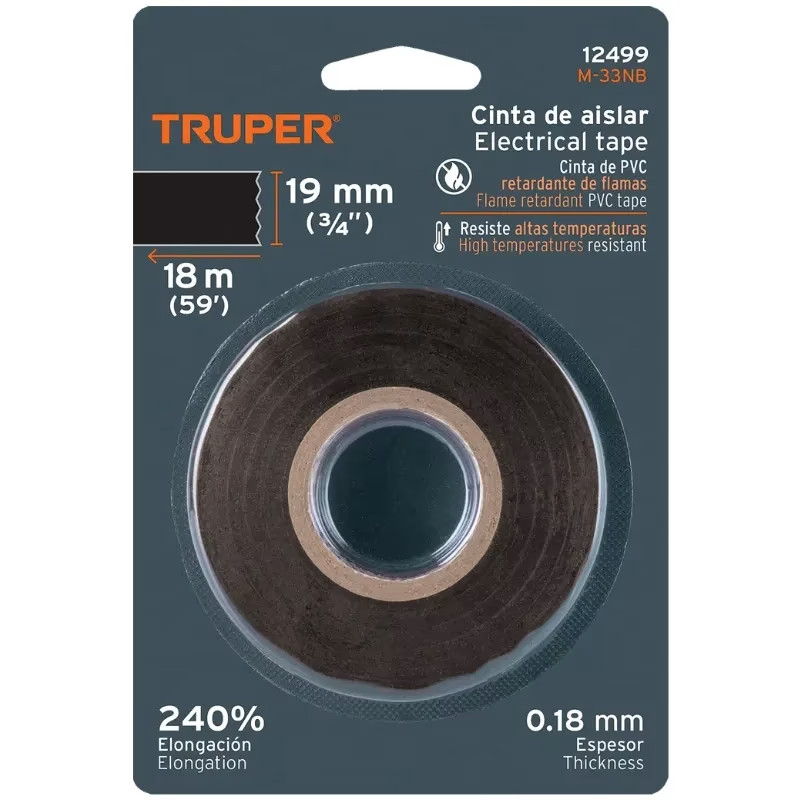 Cinta Aislantes Negro 18m x 19 mm, Adhesivo acrilico Espesor 0.15mm, Flexible en Blister, M-33NB 12499 Truper