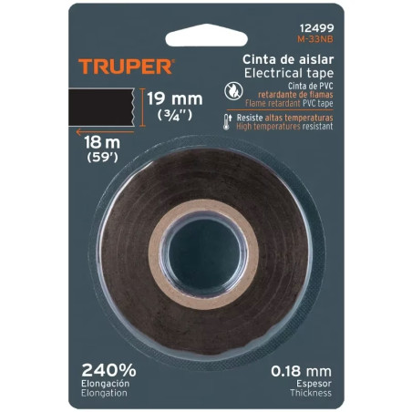 Cinta Aislantes Negro 18m x 19 mm, Adhesivo acrilico Espesor 0.15mm, Flexible en Blister, M-33NB 12499 Truper