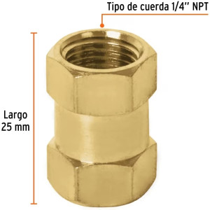 Acople Tipo FF Hembra a Hembra de Laton, Cuerda 1/4 NPT, Truper 19025
