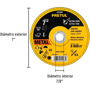 Discos Corte Metal 7" x1.5mm T41  Oxido de Alumino, DICOF-7015P 22349 Pretul