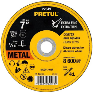 Discos Corte Metal 7" x1.5mm T41  Oxido de Alumino, DICOF-7015P 22349 Pretul
