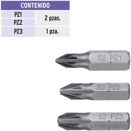 Juego de Puntas 5Piezas Pozidriv PZ0 PZ1 PZ2 PZ3 Largo1" para Desarmador Electrico o Manual, PZ-15 17798 Truper