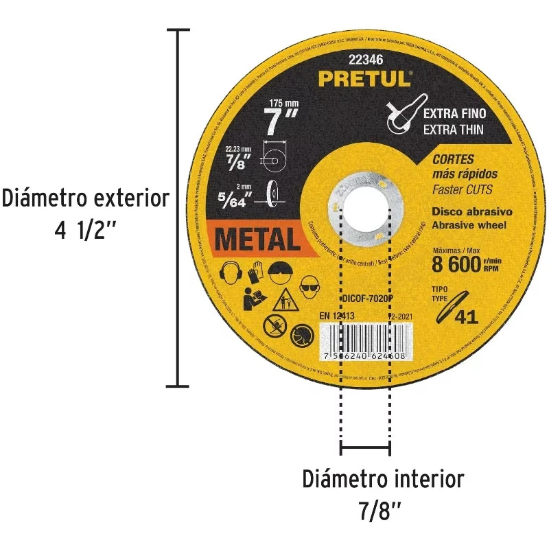 Discos Corte Metal 7" x1.8mm T41 Oxido de Alumino, DICOF-7020P 22346 Pretul
