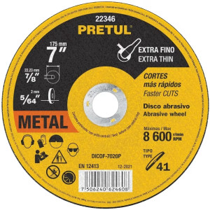 Discos Corte Metal 7" x1.8mm T41 Oxido de Alumino, DICOF-7020P 22346 Pretul