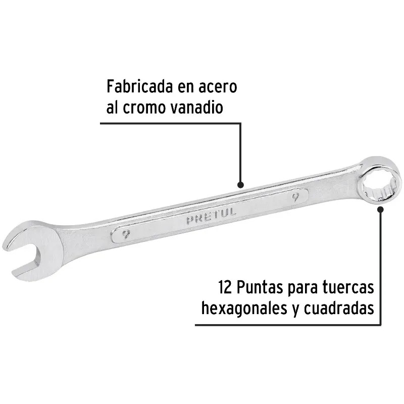 Llave Boca Mixta 9mm Combinada CrVanadio Pretul 21903