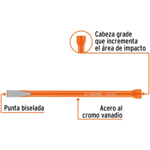 Cincel Plano 6" Cuña 5/16", Acero al cromo Vanadio, Cabeza grande, C-5/16X6 12103 Truper