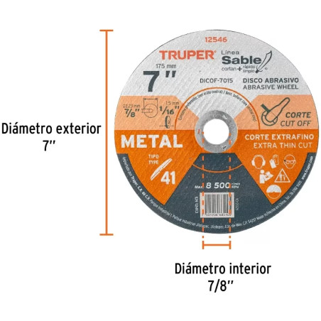 Discos Corte Metal 7" x1.5mm T41 Oxido de Alumino, DICOF-7015 12546 Truper