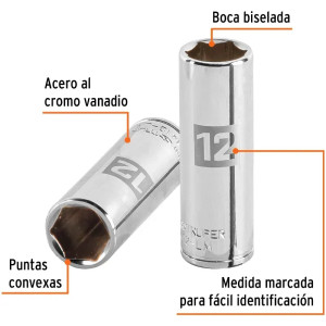 Dados 12mm E1/4 Tubulares Hexagonales CrVanadio, Truper 13206