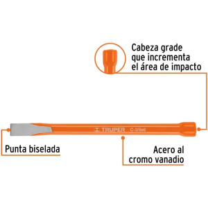 Cincel Plano 6" Cuña 3/8", Acero al cromo Vanadio, Cabeza grande, C-3/8X6 12106 Truper