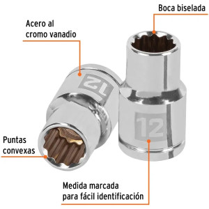 Dados 12mm E1/2 Poligonales CrVanadio, Truper 13526