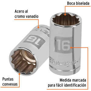 Dados 16mm E1/2 Poligonales CrVanadio, Truper 13530