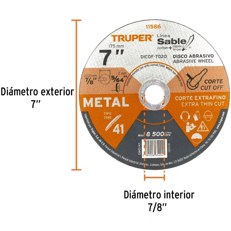 Discos Corte Metal 7" x1.8mm T41 Oxido de Alumino, DICOF-7020 11586 Truper