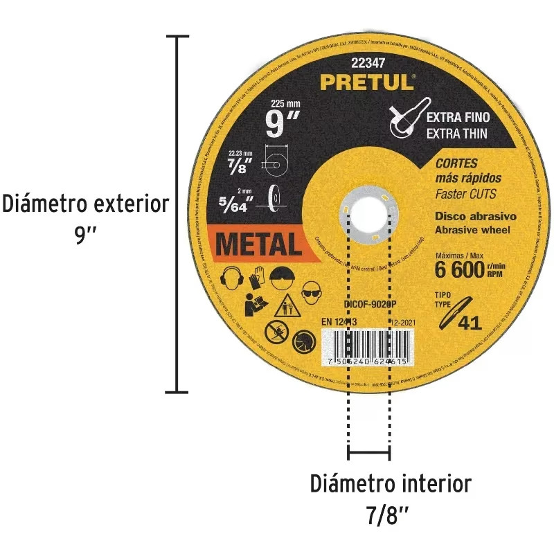 Discos Corte Metal 9" x2mm T41 Oxido de Alumino, DICOF-9020P 22347 Pretul
