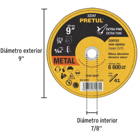 Discos Corte Metal 9" x2mm T41 Oxido de Alumino, DICOF-9020P 22347 Pretul