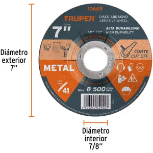 Discos Corte Metal 7" x2mm T41 Oxido de Aluminio, ABT-787 10665 Truper
