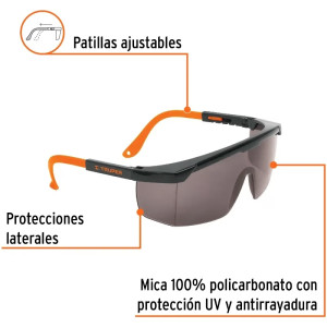 Lentes de Seguridad Ajustable Gris, 100% Policarbonato con UV Antirayadura, LEN-2000N 14213 Truper