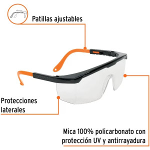 Lentes de Seguridad Ajustable Transparente, 100% Policarbonato con UV Antirayadura, LEN-2000 14284 Truper