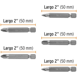 Juego de Puntas 5Piezas Pozidriv 2PZ1 2PZ2 1Z3 L2", para Desarmador Electrico o Manual, Truper 17799
