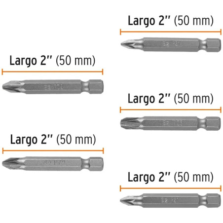 Juego de Puntas 5Piezas Pozidriv 2PZ1 2PZ2 1Z3 L2", para Desarmador Electrico o Manual, Truper 17799