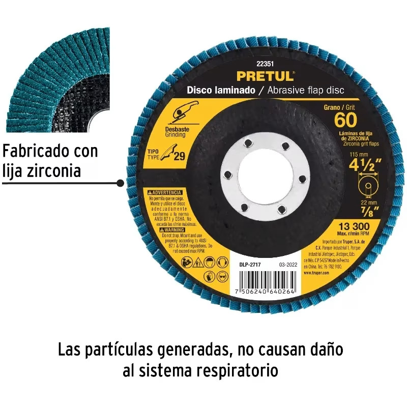 Discos Flap Discs Laminado 4 1/2" G60 Lija de Zirconia, DLP-2717 22351 Pretul