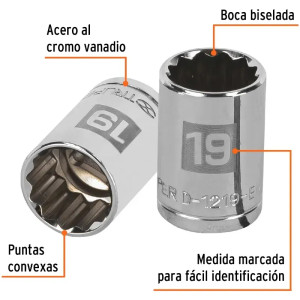 Dados 19mm E1/2 Poligonales CrVanadio, Truper 13533