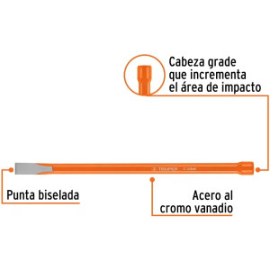 Cincel Plano 8" Cuña 3/8", Acero al cromo Vanadio, Cabeza grande, C-3/8X8 12109 Truper