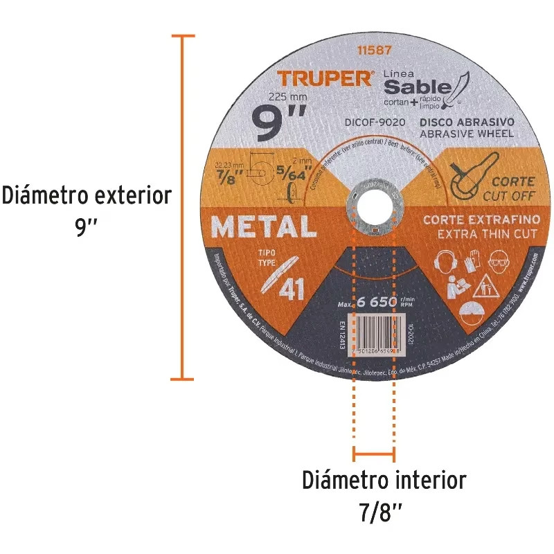 Discos Corte Metal 9" x2mm T41 Oxido de Alumino, DICOF-9020 11587 Truper